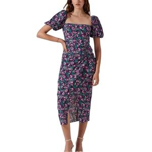 Astr The Label Purple Floral Puff Sleeve Square Neck Midi Dress XS